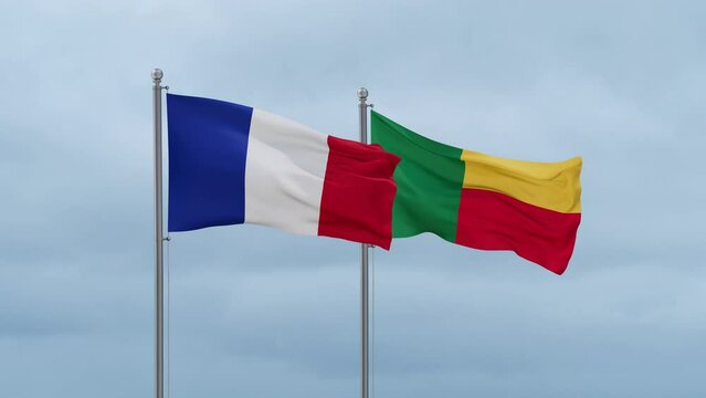 France flag and Benin flag waving together on cloudy sky, endless seamless loop