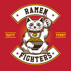 Lucky Cat Ramen Fighters Illustration Emblem Style Design