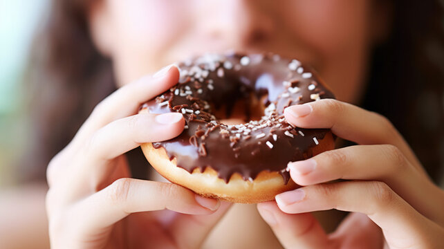 a close-up of a person eating doughnut,biting into a doughnut.generative ai