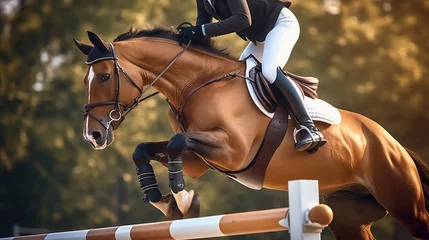 Fotobehang Overcoming Obstacles. The Art of Show Jumping in Horse Riding. Generative AI © Lifia