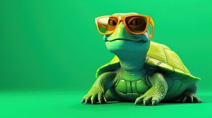 toy turtle with yellow sunglasses on a green background