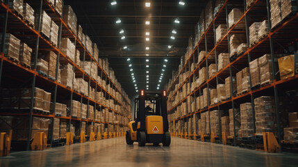 High-tech warehouse as forklifts zip around, ensuring smooth operations - obrazy, fototapety, plakaty