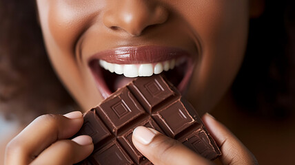 person taking a bite of a chocolate bar. - obrazy, fototapety, plakaty