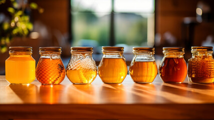 Honey in glass jars on a wooden table. Selective focus.