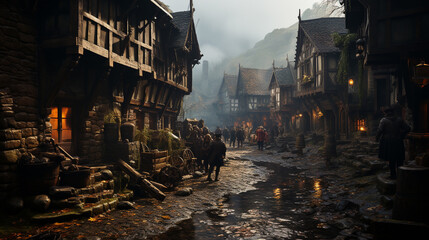 Medieval town filled with villagers walking around in a street, Generative AI