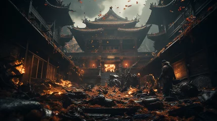 Foto op Canvas Aftermath of an epic kung fu fight inside an ancient japanese temple, fire everywhere, Generative AI © Charles