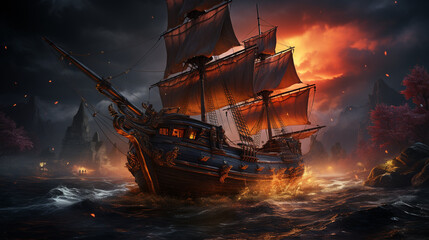 Black ship of pirates sailoring on the ocean at night, fire lighting, Generative AI - obrazy, fototapety, plakaty