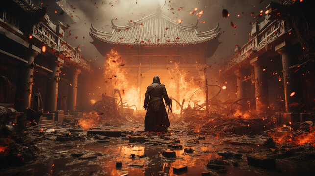 Ancient japanese temple being destroyed and burned, single man standing alone in the middle of the place, Generative AI