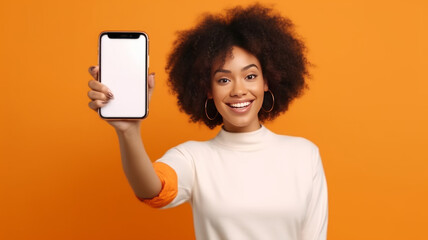 Naklejka premium african american woman Showing Pointing At Empty Smartphone Screen.