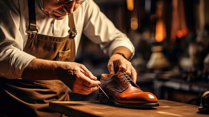 An elderly shoemaker at work in a workshop