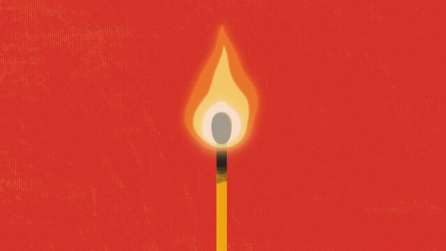 Burning match with fire on red background. Match with fire. Matches sign. 4K Video motion graphic animation.