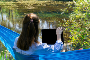 Remote online working. Digital nomad. Work and life balance. Workation