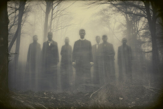Black and white vintage or retro photo from an old camera. Man in the forest. Halloween concept