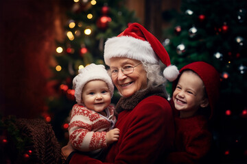 Fototapeta na wymiar Portrait of an old woman wearing a Santa hat with a baby and a boy, Christmas tree background. Grandmother and grandchildren, happy family reunion concept