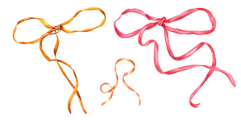 Set of colored bows with long ribbons. Watercolor illustration. Design element for decorating gifts, flower bouquets, cards, congratulations. Birthday, Valentine day, Christmas, New Year day