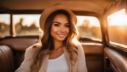 Portrait photograph taken during the golden hour, focusing on the warm light and serene atmosphere. women smiling in the sunset