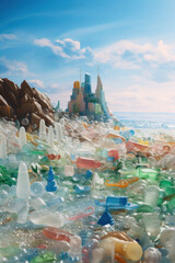concept art of a beach ocean covered in plastic waste anti consumerism capitalism for environment activism Fridays for future climate change in editorial magazine film look - obrazy, fototapety, plakaty