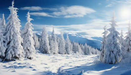 Winter landscape with snow-covered forest. - obrazy, fototapety, plakaty