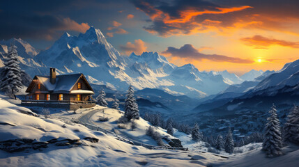 Winter snow landscape with wooden chalets in snowy mountains.
