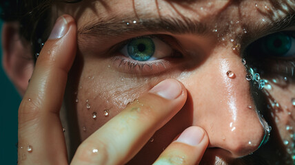 A man finishing washing his face, a handsome man. Handsome man applying skin to his face, close-up. Men’s grooming. Mens cosmetics photo, beauty industry advertising photo. - obrazy, fototapety, plakaty