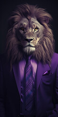 portrait of a lion in purple suit, powerful masculinity - 