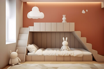 Interior childish home design. Minimalistic bed room decoration