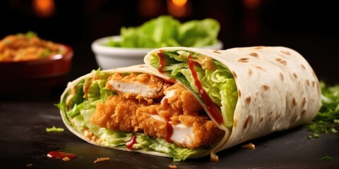 The alluring photograph captures the wraps textural variation, from the crispy crunch of lettuce to the tender chicken, creating a satisfying and enjoyable eating experience. - obrazy, fototapety, plakaty