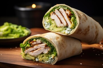 A delight to the eyes, this image showcases a tantalizing Chicken Caesar Wrap, packed with flavorful grilled chicken, vibrant greens, a sprinkle of Parmesan cheese, and a creamy Caesar dressing,