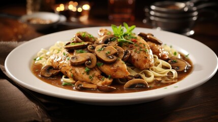 This delectable food snapshot captures the essence of a classic chicken marsala dish. The chicken s are cooked to a delightful crispness, enveloped in a velvety sauce with an exquisite balance - obrazy, fototapety, plakaty