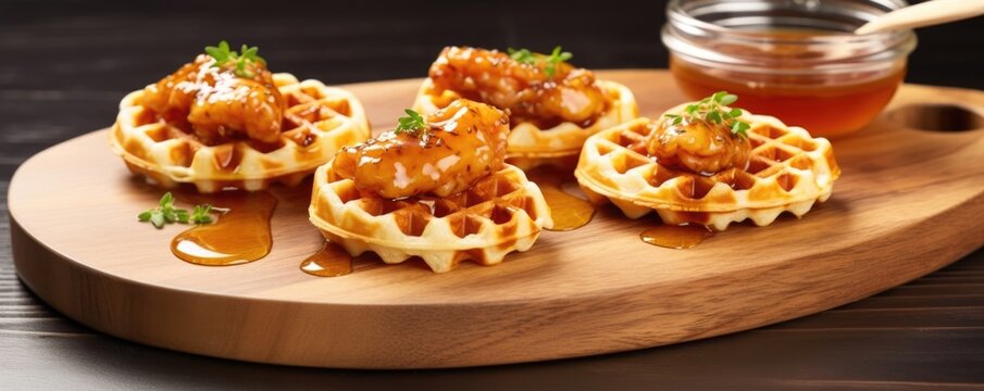 An artistic shot focusing on a trio of mini chicken and waffle bites. Each bitesized waffle is sandwiched between two tender chicken wings coated in a bold, y marinade. Garnished with a