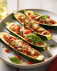  focuses on the sctious detail of Margherita Zucchini Boats, highlighting the delicate zucchini halves cradling a luscious mixture of juicy tomatoes, aromatic basil, and cheesy