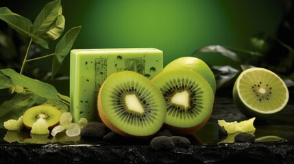 A symphony of colors and flavors unfolds in this tantalizing shot, featuring a medley of sliced kiwi fruit. The fruits vivid green hue contrasts beautifully with its black seeds, while its