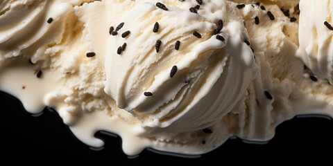 A closeup photograph capturing the silky swirls of a velvety vanilla bean ice cream, speckled with tiny black dots of the vanilla seeds throughout. The ice cream subtly melts around the