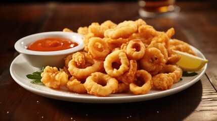 A tantalizing image captures a plate of delectably crispy calamari, expertly fried to a golden brown perfection. Each piece possesses a delectable crunch, and the dipping sauce adds a tangy,