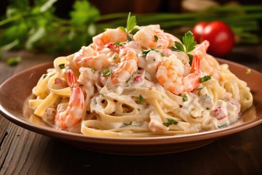 A mouthwatering picture of shrimp and crab pasta Alfredo, capturing the essence of indulgence with the creamy, dreamy sauce gently hugging each strand of perfectly cooked pasta, while succulent