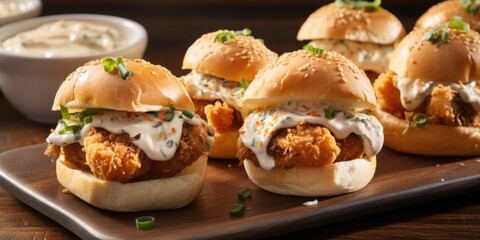 Obraz na płótnie Canvas An enticing image showing a platter of oyster sliders. These bitesized wonders feature lightly breaded and fried oysters nestled between soft, toasted buns. A drizzle of creamy aioli adds