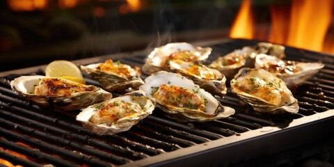 A tantalizing food shot capturing a platter of chargrilled oysters. These savory delights are cooked over an open flame, allowing the natural juices to mingle with a garlic and herb er glaze.