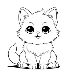 Cat illustration for colouring books. Cute black and white cat with big eyes for colouring. Furry Cat simple vector. Mammal. Animal. Coloring book vector