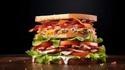 A mouthwatering closeup photograph capturing the layers of a towering ryeinfused club sandwich, featuring slices of smoky turkey, crispy bacon, crisp lettuce, ripe tomatoes, and tangy mayonnaise,