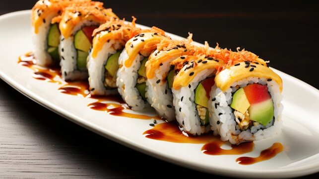 A creative sushi roll arrangement includes a playful spin on the classic California roll, with a unique twist of tempurabattered shrimp, creamy avocado, and tangy mango. The rolls are crowned