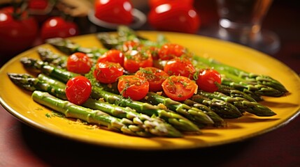 A heavenly combination of roasted asparagus and succulent cherry tomatoes, arranged artfully on a plate. The bright red tomatoes offer a burst of freshness against the verdant asparagus.