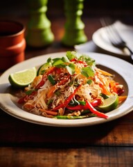 This mouthwatering image showcases a delectable vegetarian twist on Pad Thai, with an array of crisp stirfried vegetables, including crunchy bell peppers, carrots, and zucchini, nestled