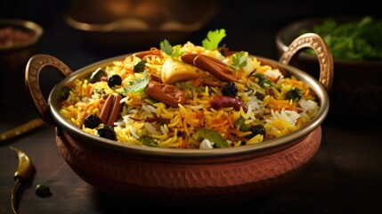 Vibrant shot of a fusion biryani, fusing two culinary worlds, capturing a colorful blend of aromatic ri