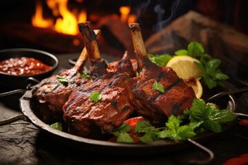 A visually pleasing shot showcases a platter of tandoori marinated lamb chops cooked till they...