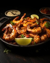 This food shot features a sizzling plate of tandoori tiger prawns, perfectly cooked and beautifully presented. The large prawns, with their shells partially removed, glisten under the light,