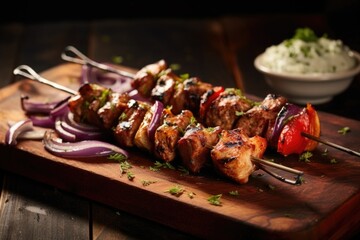 This visually captivating image showcases a trio of souvlaki skewers artistically arranged on a rustic wooden board, allowing the viewer to appreciate the diverse textures, flavors, and