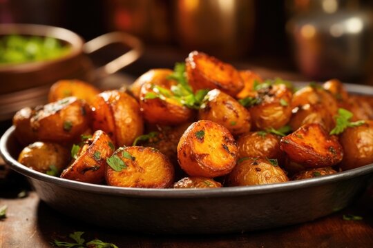 A visually appealing shot captures a serving of tandoori roasted baby potatoes, nestled together on a rustic plate. The potatoes have a crispy exterior, revealing themselves to be soft and