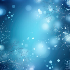 Fototapeta na wymiar White winter twigs, snow, bokeh lights on light blue background. Copy space.