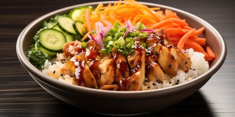 A visually striking shot showcasing a poke bowl featuring a bed of vibrant brown rice, topped with bitesized pieces of grilled chicken, a colorful combination of assorted pickled vegetables
