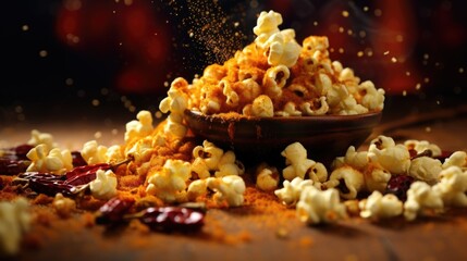 An artistic capture showcasing popcorn coated in a vibrant blend of exotic es from around the world, with hints of cinnamon, cumin, and paprika, delivering a tantalizing explosion of flavors